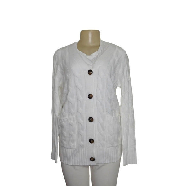 Merokeety Women's White Button Up V Collar Cardigan Sweater Sz S - NWT