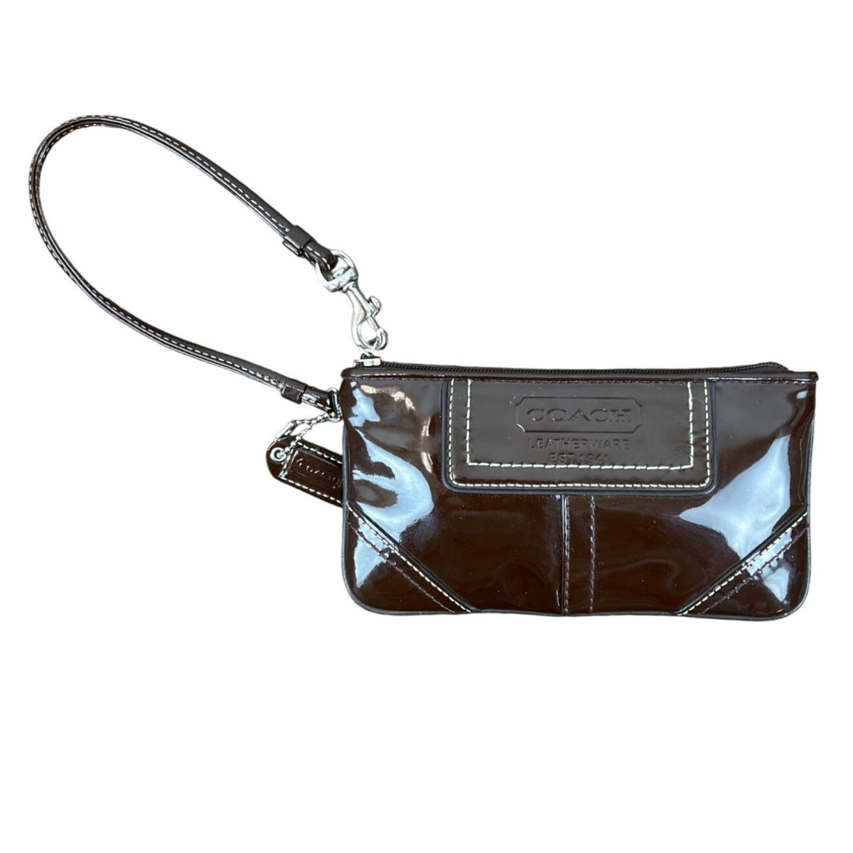 Coach Brown Patent Leather Wristlet Clutch Detachable Strap and Zip Closure Sz S