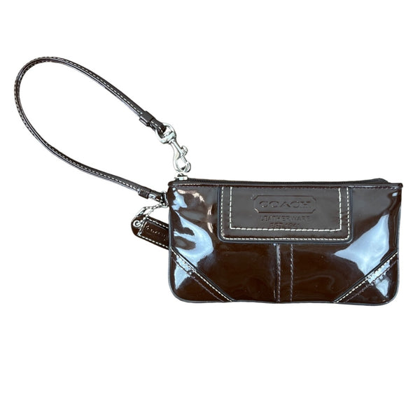 Coach Brown Patent Leather Wristlet Clutch Detachable Strap and Zip Closure Sz S