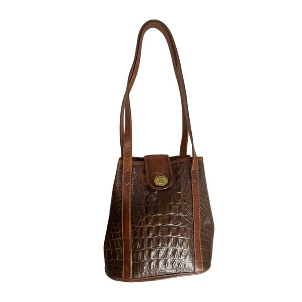 Vintage Brahmin Women's Brown Embossed  Croc Skin Leather Shoulder Bag Sz M