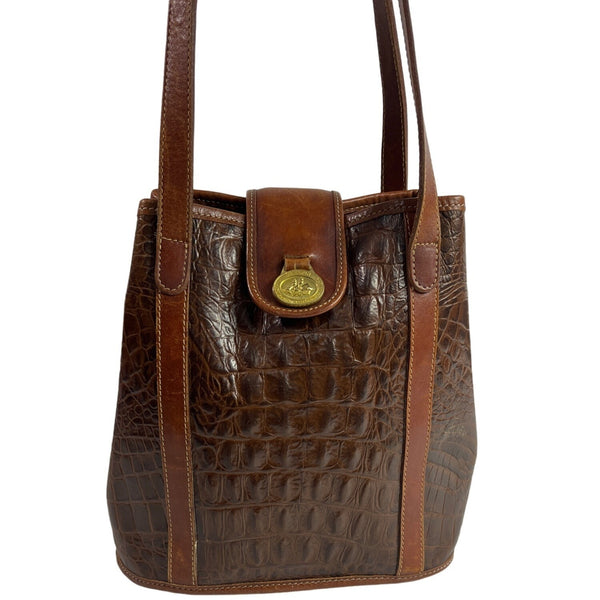 Vintage Brahmin Women's Brown Embossed  Croc Skin Leather Shoulder Bag Sz M