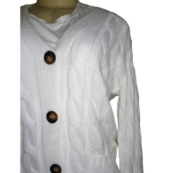 Merokeety Women's White Button Up V Collar Cardigan Sweater Sz S - NWT