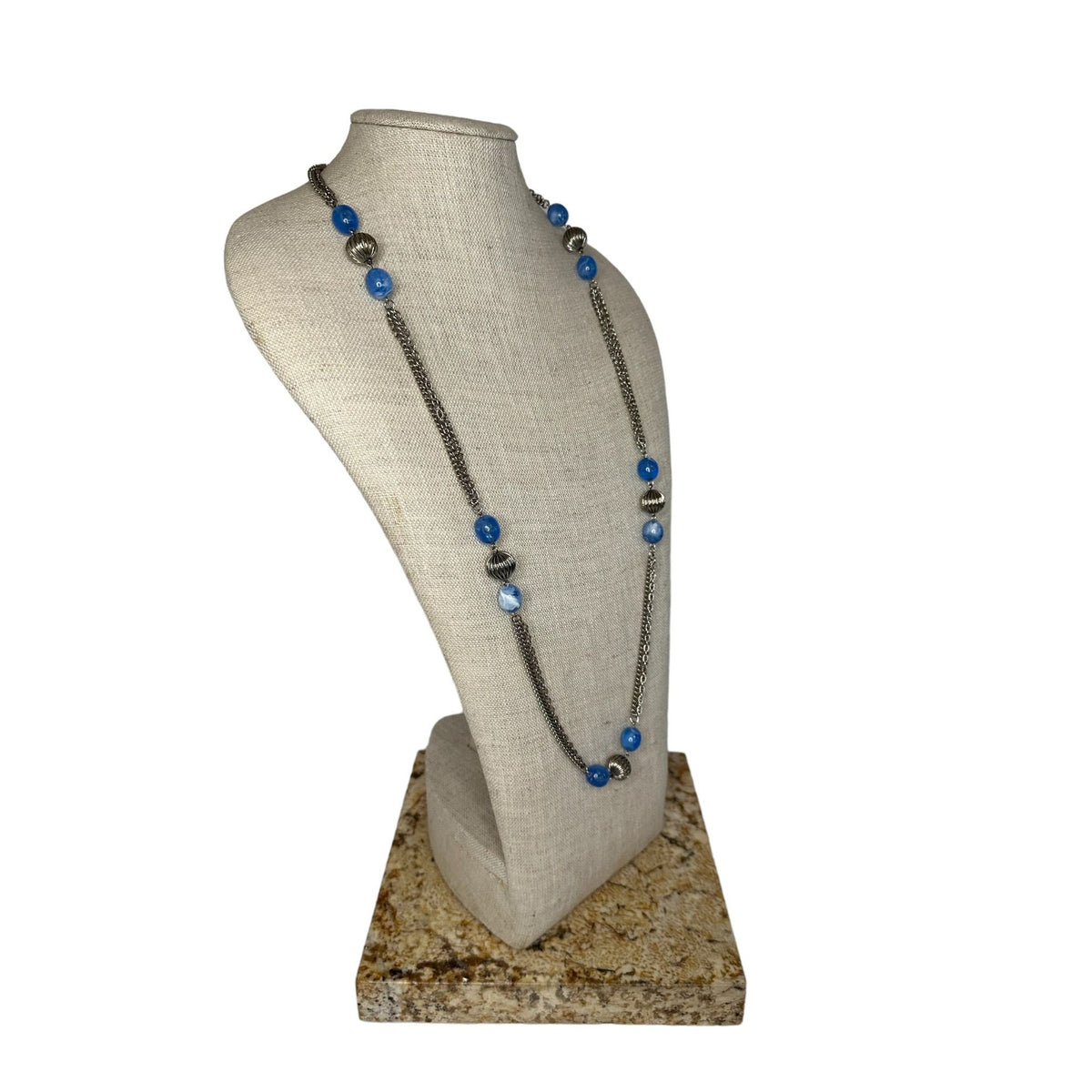 Metal Chain Blue Beads Long Necklace - 35in