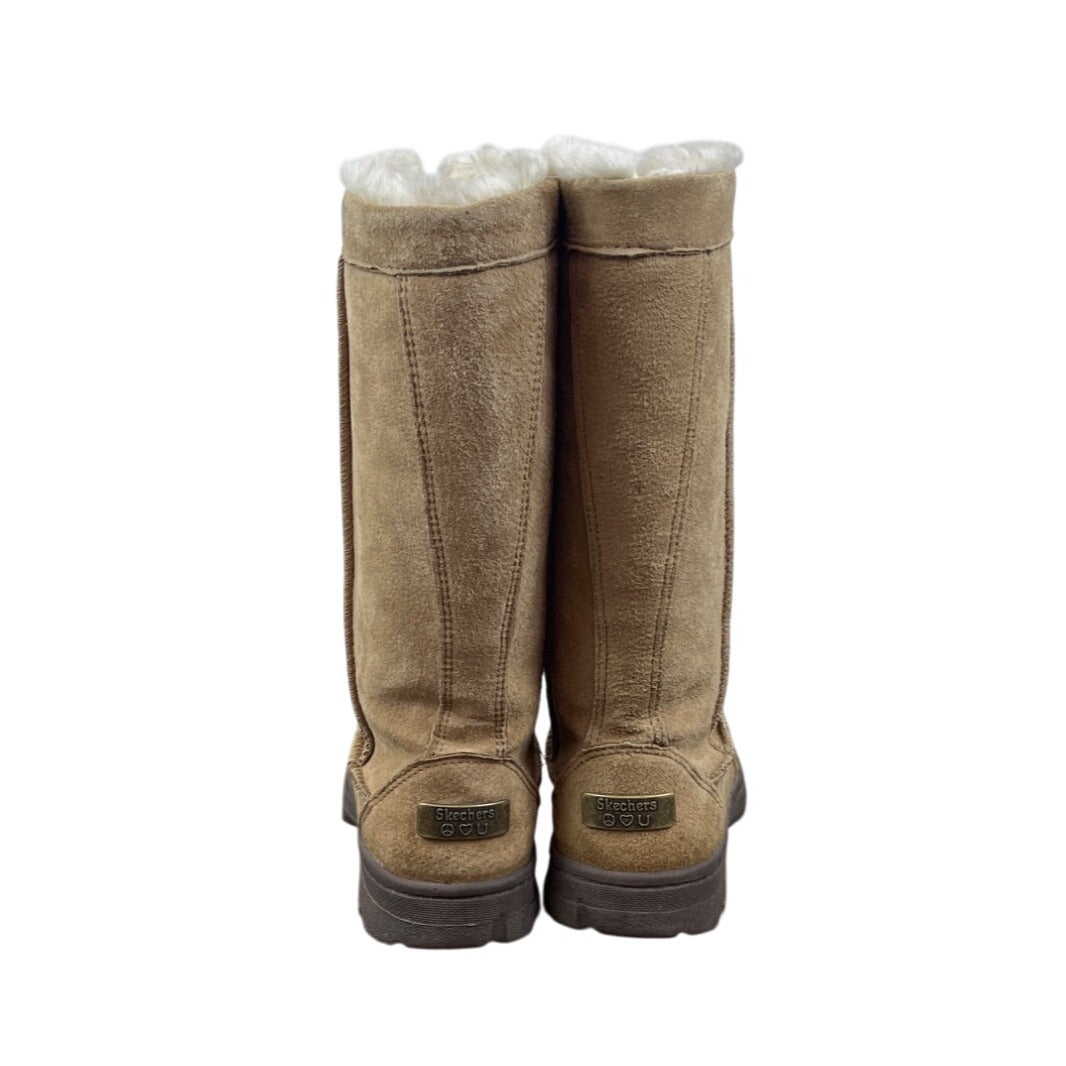 Skechers Womens Tan Leather Faux Fur Lining Tall Mid Calf High Winter Boots Sz 7