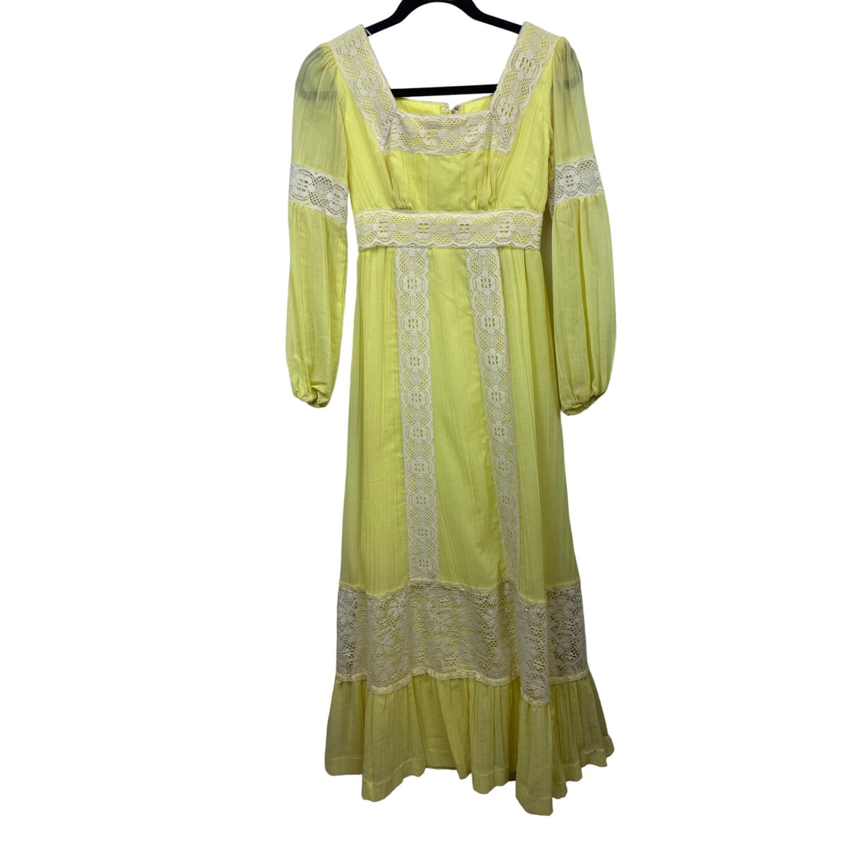 Vintage1970s Yellow Swiss Dot Prairie Embroidered Collar Boho Maxi Dress Sz XS