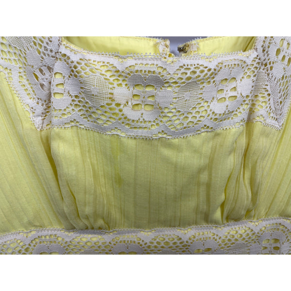 Vintage1970s Yellow Swiss Dot Prairie Embroidered Collar Boho Maxi Dress Sz XS