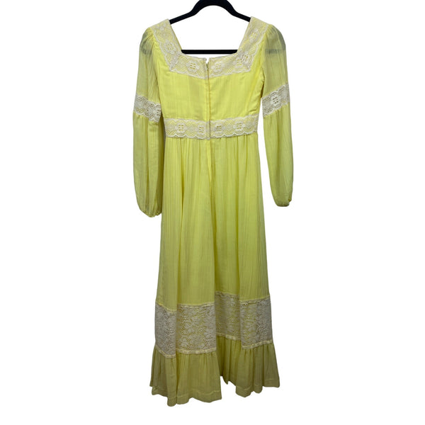 Vintage1970s Yellow Swiss Dot Prairie Embroidered Collar Boho Maxi Dress Sz XS