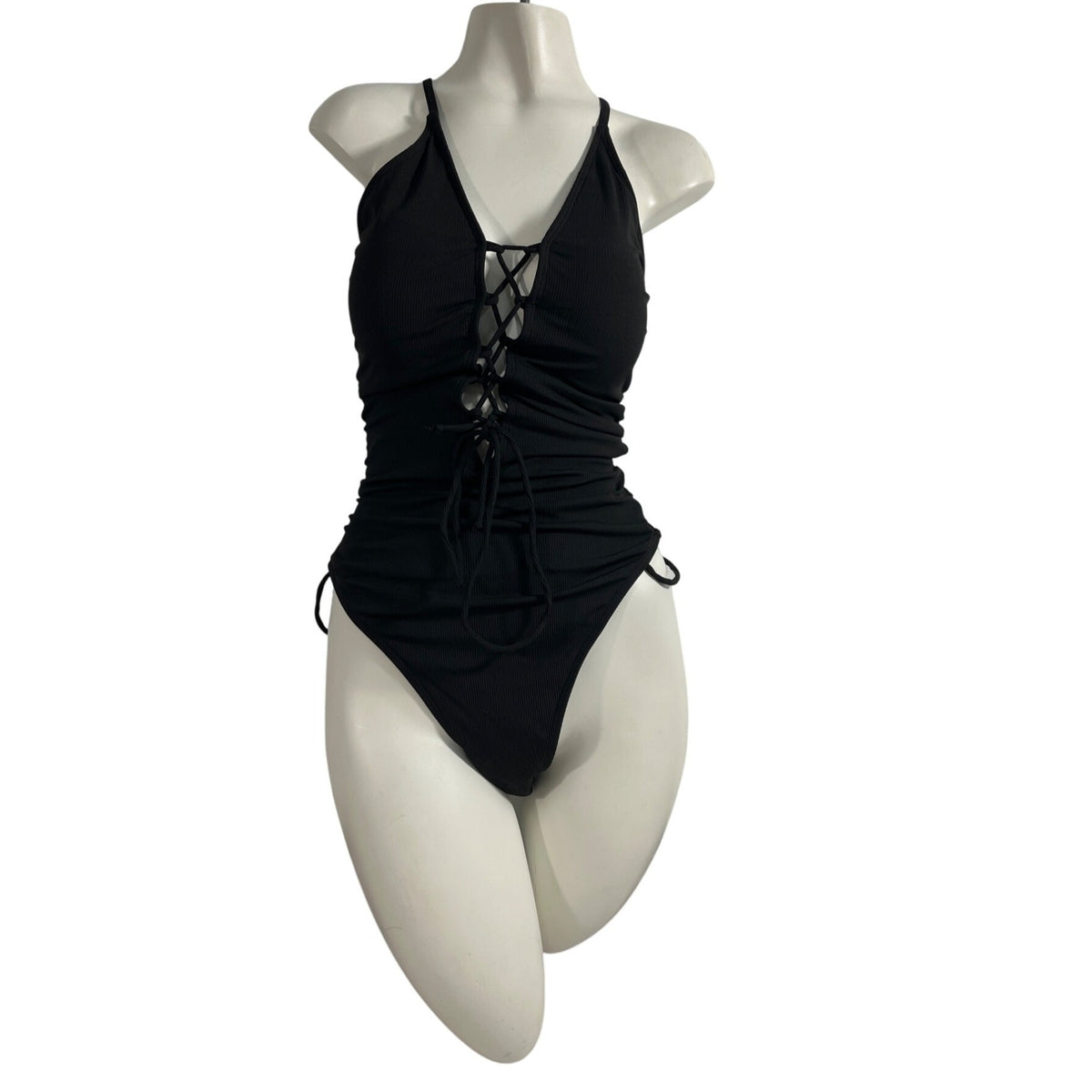 Black Ribbed Lace-Up One-Piece Swimsuit With Adjustable Straps & Side Ties