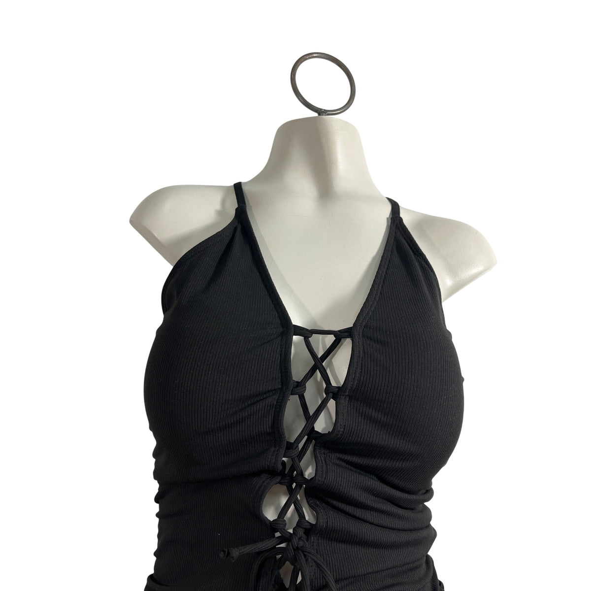 Black Ribbed Lace-Up One-Piece Swimsuit With Adjustable Straps & Side Ties