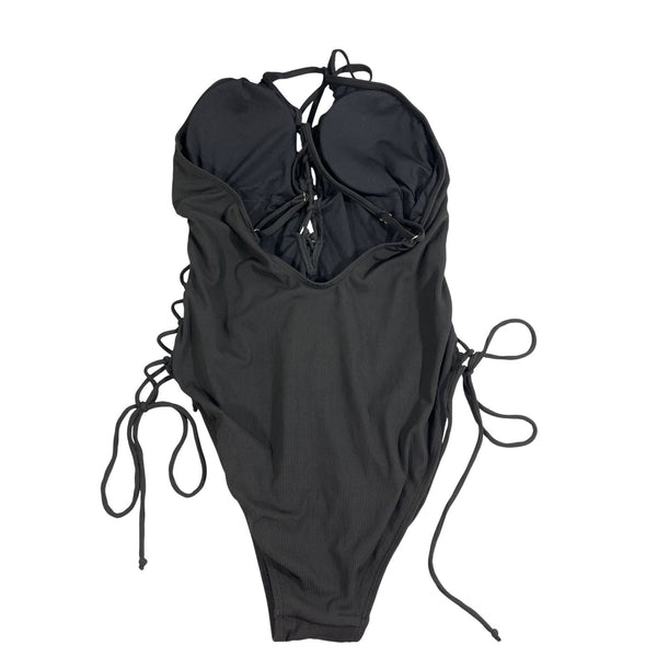 Black Ribbed Lace-Up One-Piece Swimsuit With Adjustable Straps & Side Ties