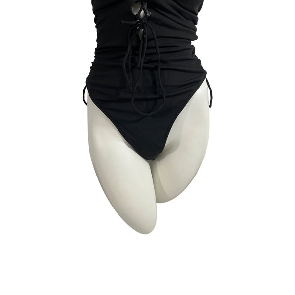 Black Ribbed Lace-Up One-Piece Swimsuit With Adjustable Straps & Side Ties