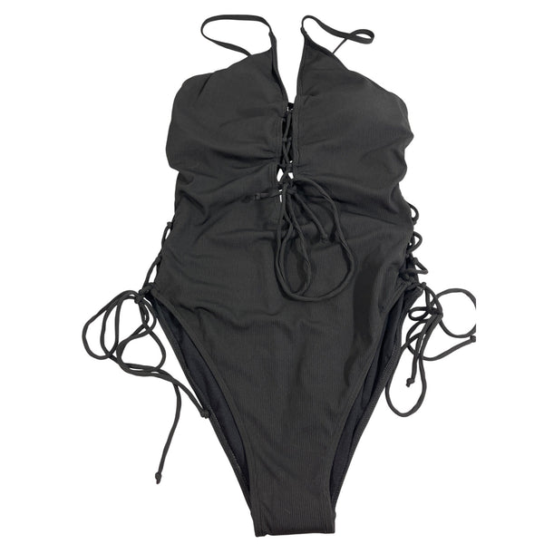 Black Ribbed Lace-Up One-Piece Swimsuit With Adjustable Straps & Side Ties