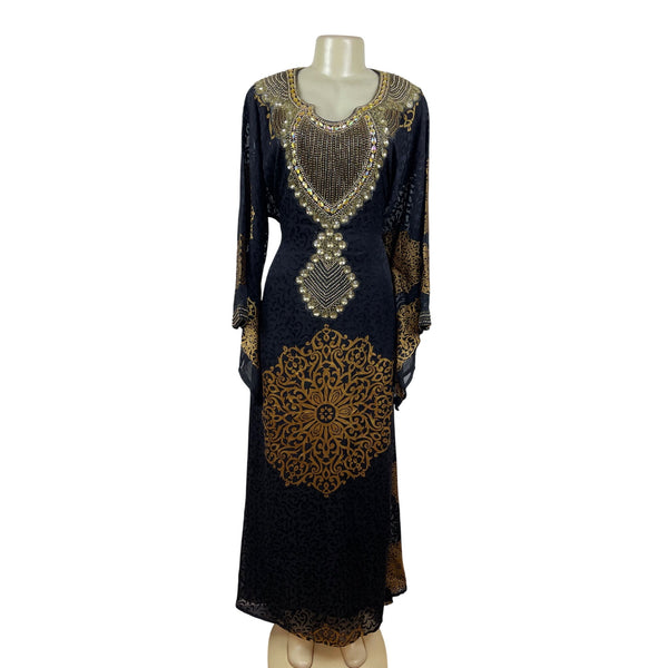 Embellished Black & Gold Kaftan Dress W/ Intricate Beading & Tie-Back Waist Sz M