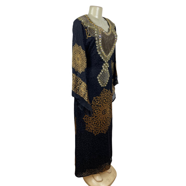 Embellished Black & Gold Kaftan Dress W/ Intricate Beading & Tie-Back Waist Sz M