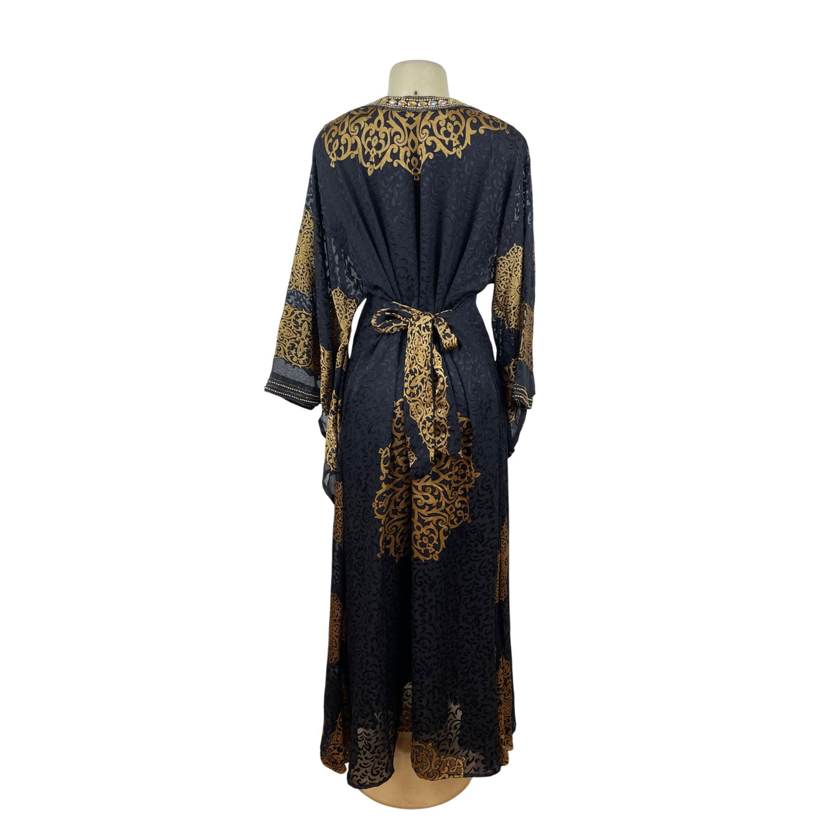 Embellished Black & Gold Kaftan Dress W/ Intricate Beading & Tie-Back Waist Sz M