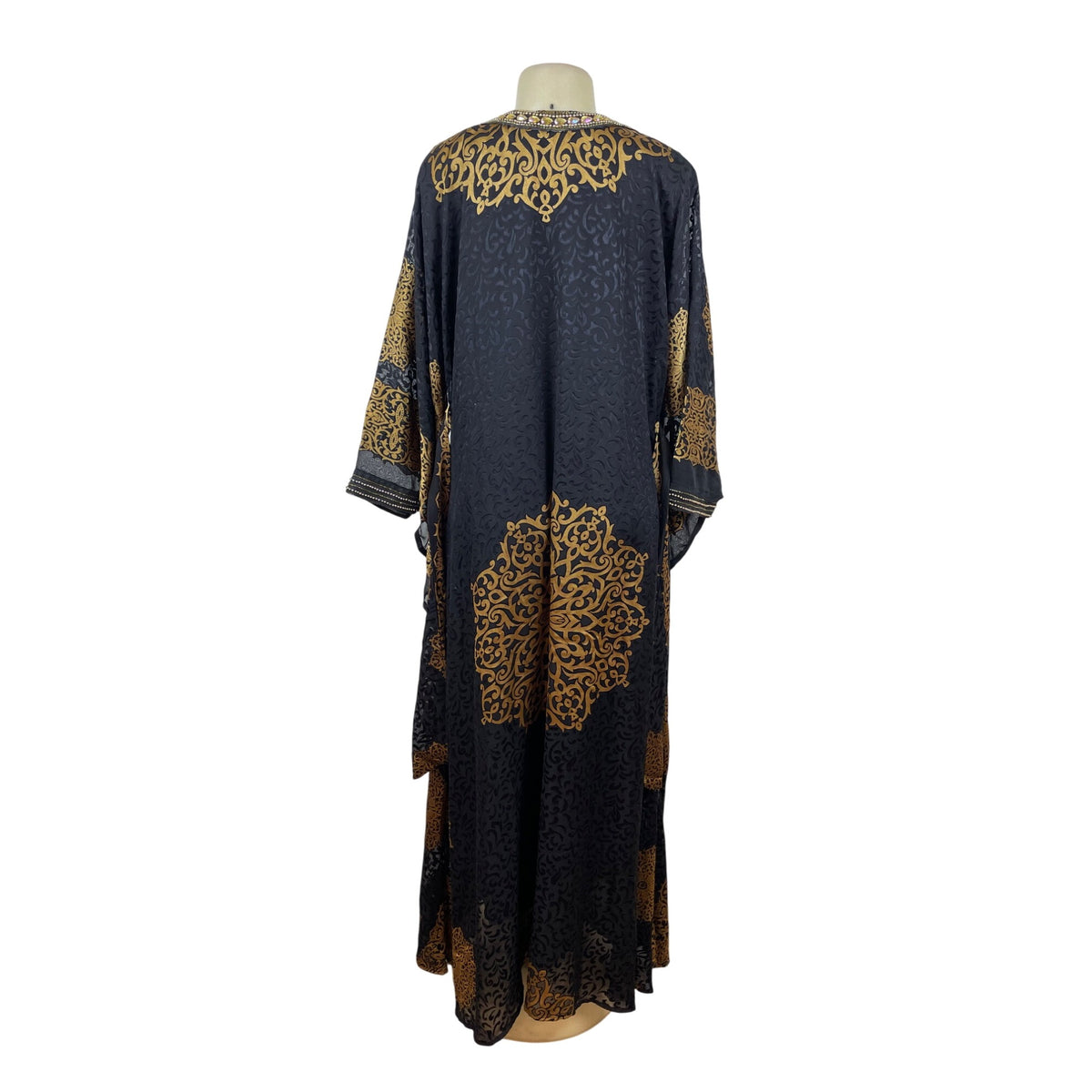 Embellished Black & Gold Kaftan Dress W/ Intricate Beading & Tie-Back Waist Sz M