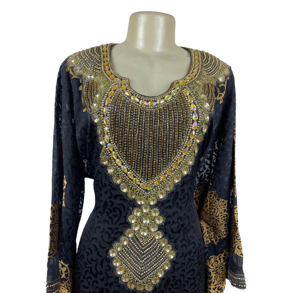 Embellished Black & Gold Kaftan Dress W/ Intricate Beading & Tie-Back Waist Sz M