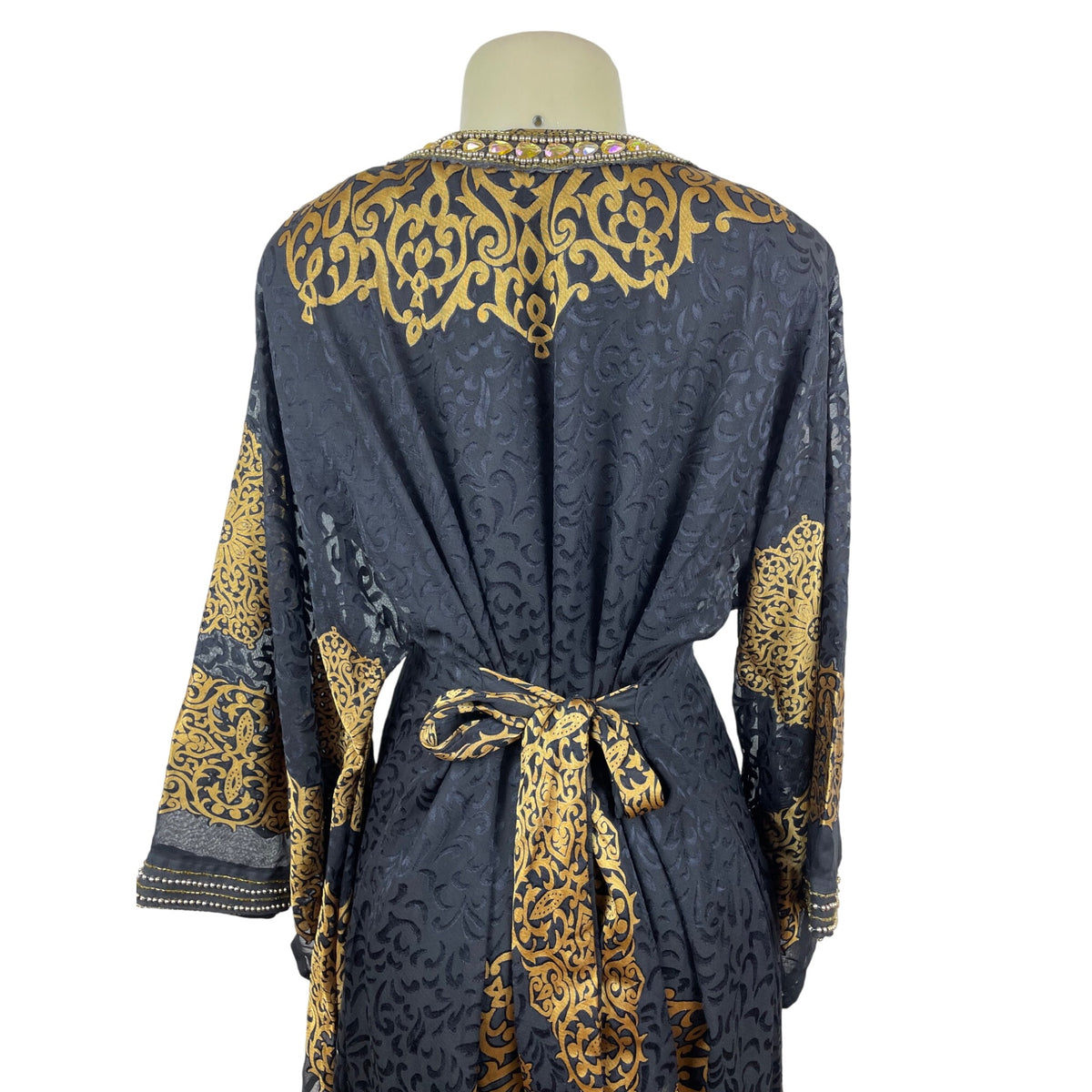 Embellished Black & Gold Kaftan Dress W/ Intricate Beading & Tie-Back Waist Sz M