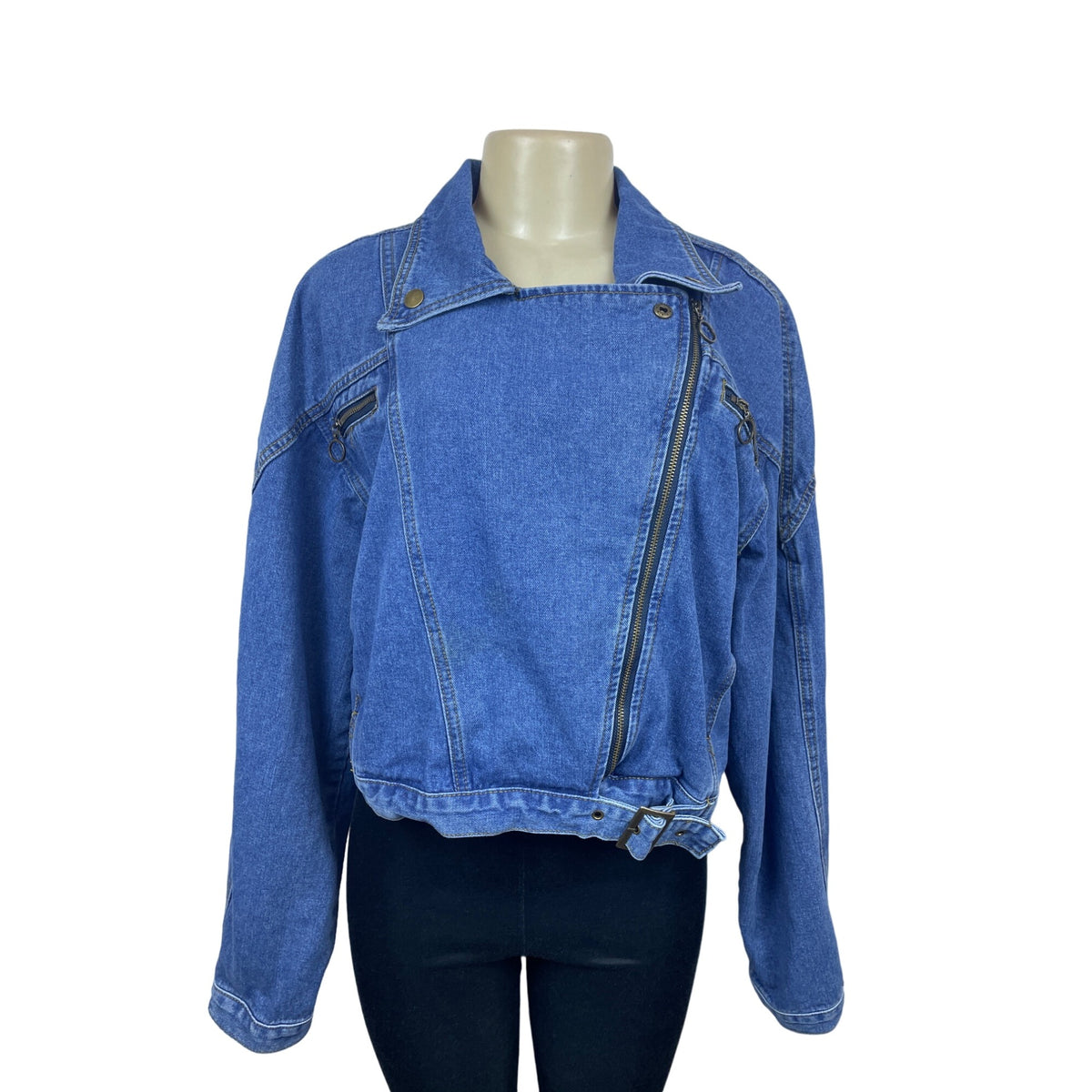 Nasty Gal Women's blue jean jacket zip up denim belt strap long sleeve biker jacket Sz 10