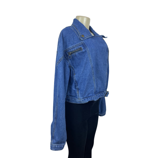 Nasty Gal Women's blue jean jacket zip up denim belt strap long sleeve biker jacket Sz 10