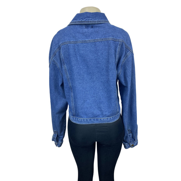 Nasty Gal Women's blue jean jacket zip up denim belt strap long sleeve biker jacket Sz 10