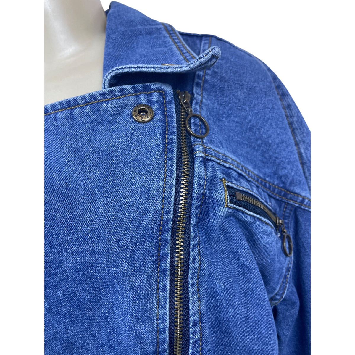 Nasty Gal Women's blue jean jacket zip up denim belt strap long sleeve biker jacket Sz 10