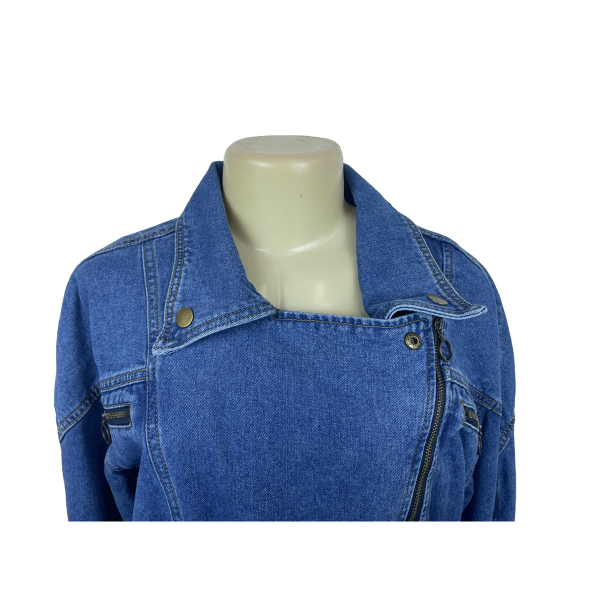 Nasty Gal Women's blue jean jacket zip up denim belt strap long sleeve biker jacket Sz 10