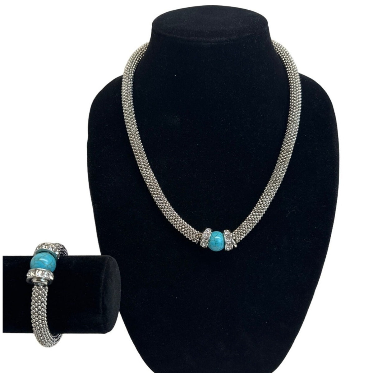 Heavy Turquoise  Cristal Accents Silver Tone Necklace and Bracelet Set - 22in