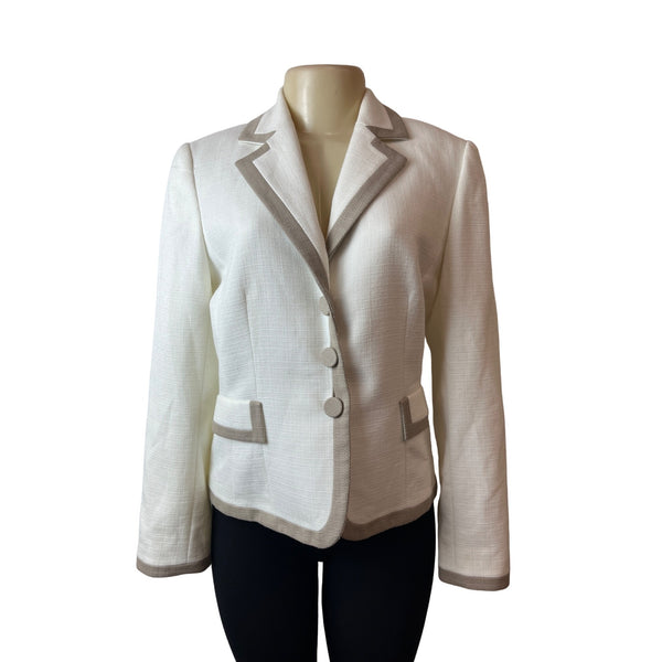 Tahari Women's White Women's Ivory ith Beige Border and ButtonsTweed Blazer Sz 8