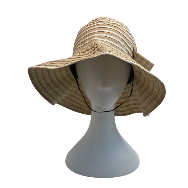 Wide Brim Beige Striped Sun Hat With Bow Accent For Women - One Size