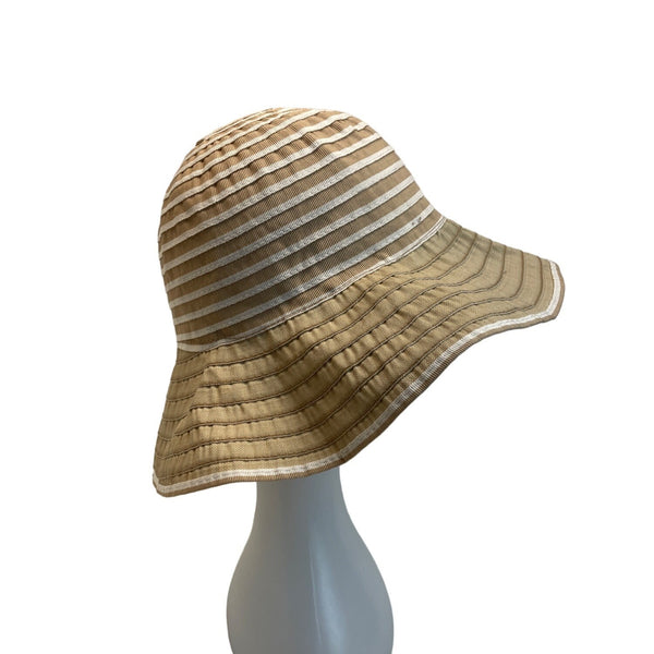 Wide Brim Beige Striped Sun Hat With Bow Accent For Women - One Size