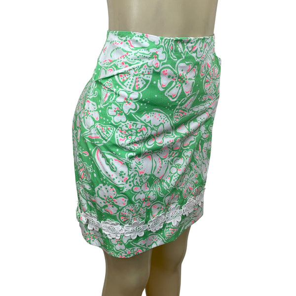 Lilly Pulitzer Green Floral Print Skirt With Lace Trim Size 4- New