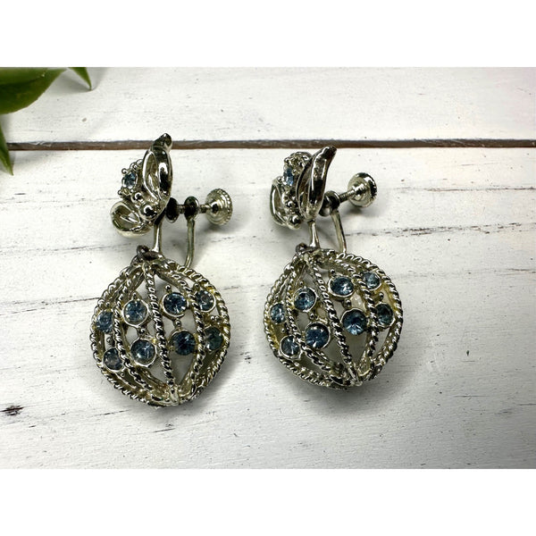 Silver Tone Blue Rhinestones Articulated Vintage Earrings