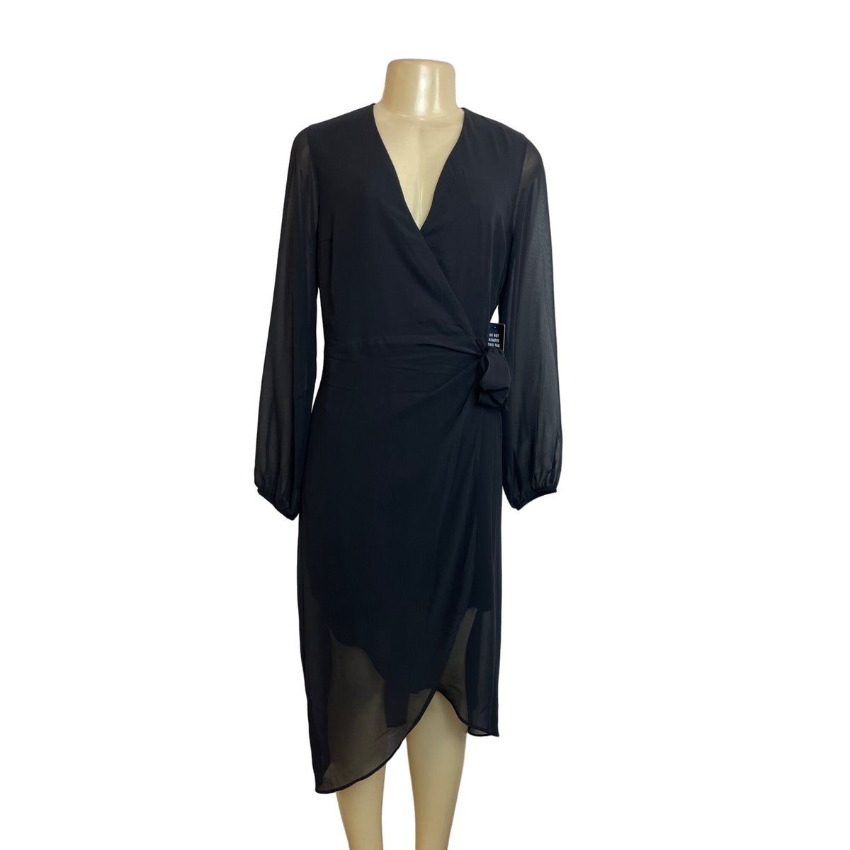 Express Women's Black Long Sleeve Sheer Illusion High- Low Wrap Dress Sz S - NWT