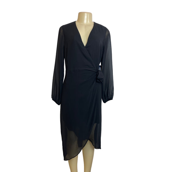 Express Women's Black Long Sleeve Sheer Illusion High- Low Wrap Dress Sz S - NWT