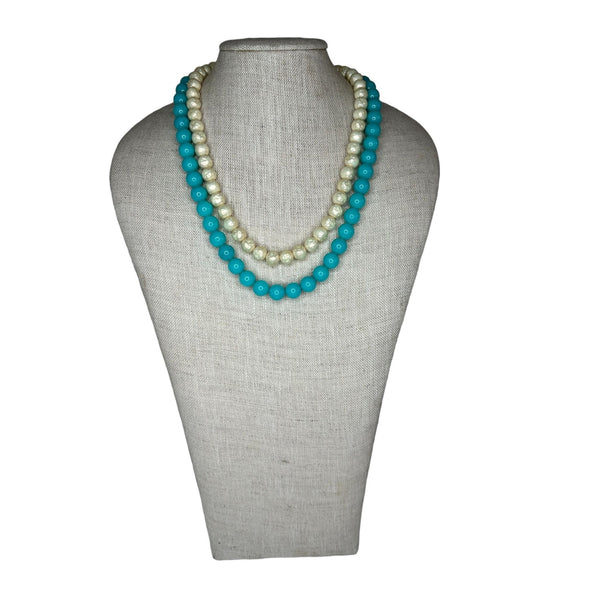 Vintage Aqua Colored And White Pearls Necklace - 21in