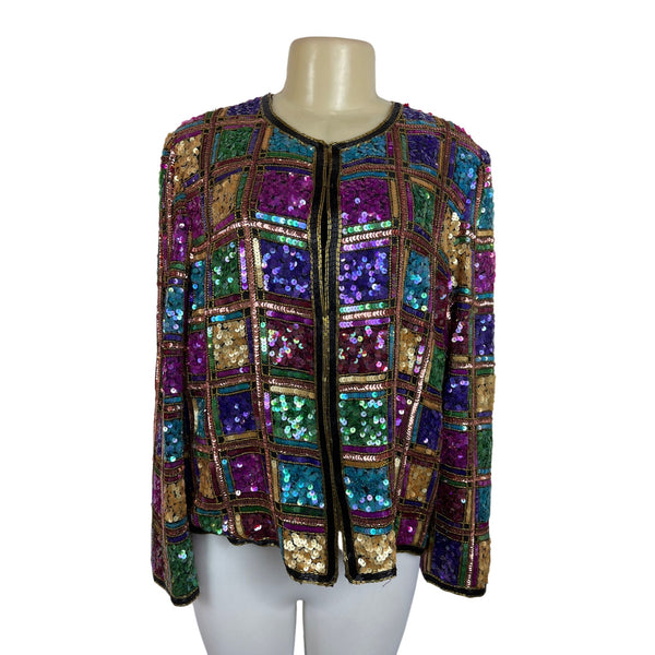 Vintage 80s Laurence Kazar Colorblock Sequin Silk Jacket Sz PXL (Petite)