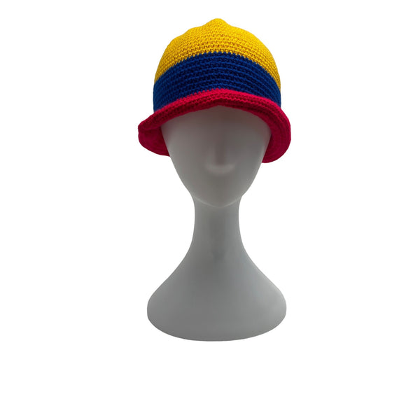 Crochet Bucket Hat Yellow Blue Red Striped Handmade Unisex