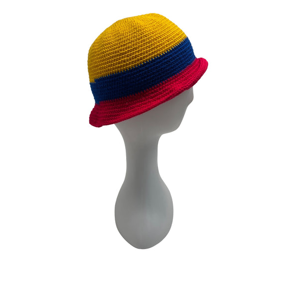 Crochet Bucket Hat Yellow Blue Red Striped Handmade Unisex