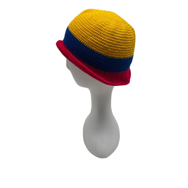 Crochet Bucket Hat Yellow Blue Red Striped Handmade Unisex