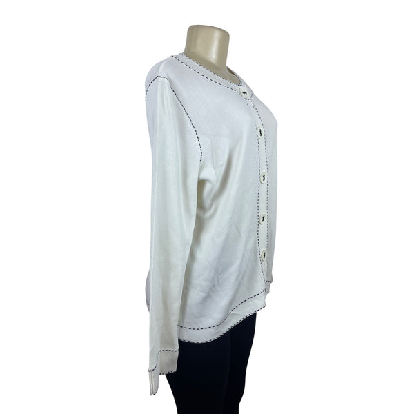 Emma James White Cardigan Sweater Rnd Collar Eye Catching Button Front Sz L New