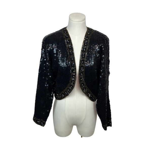 Vintage 80s Black Sequin Bolero Jacket With Gold Trim & Long Sleeves Sz XS/S