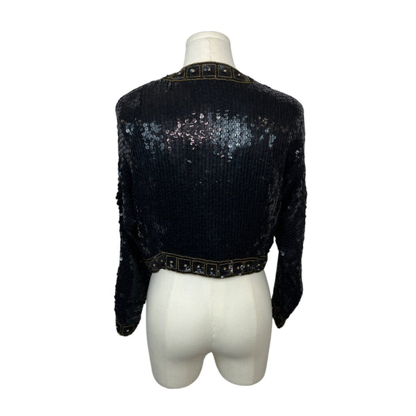 Vintage 80s Black Sequin Bolero Jacket With Gold Trim & Long Sleeves Sz XS/S