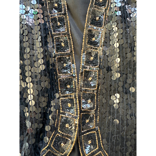 Vintage 80s Black Sequin Bolero Jacket With Gold Trim & Long Sleeves Sz XS/S