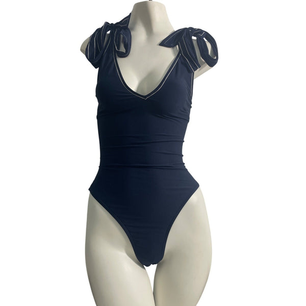 J. Crew Womens Navy One-Piece Swimsuit With Striped Tie Shoulders