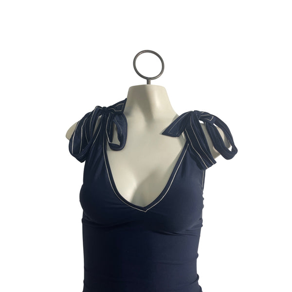 J. Crew Womens Navy One-Piece Swimsuit With Striped Tie Shoulders