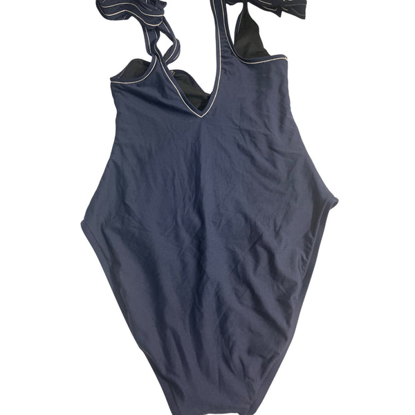 J. Crew Womens Navy One-Piece Swimsuit With Striped Tie Shoulders