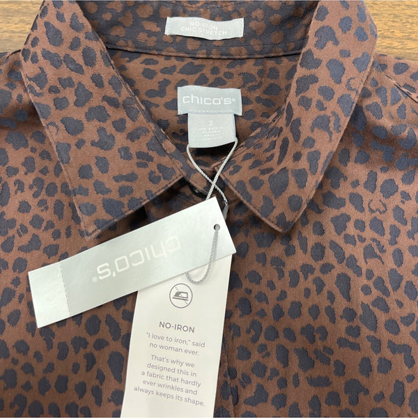 Chicos Women's Leopard Print Button-Up No-Iron Chic Stretch Fit Shirt Sz 3 - New