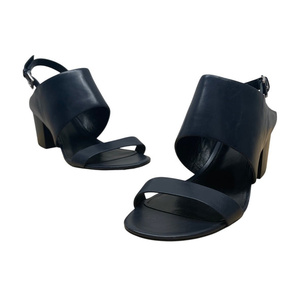 Lafayette 148 Navy Blue Leather Le Suri Block Heel Slingback Sandals Size 11M