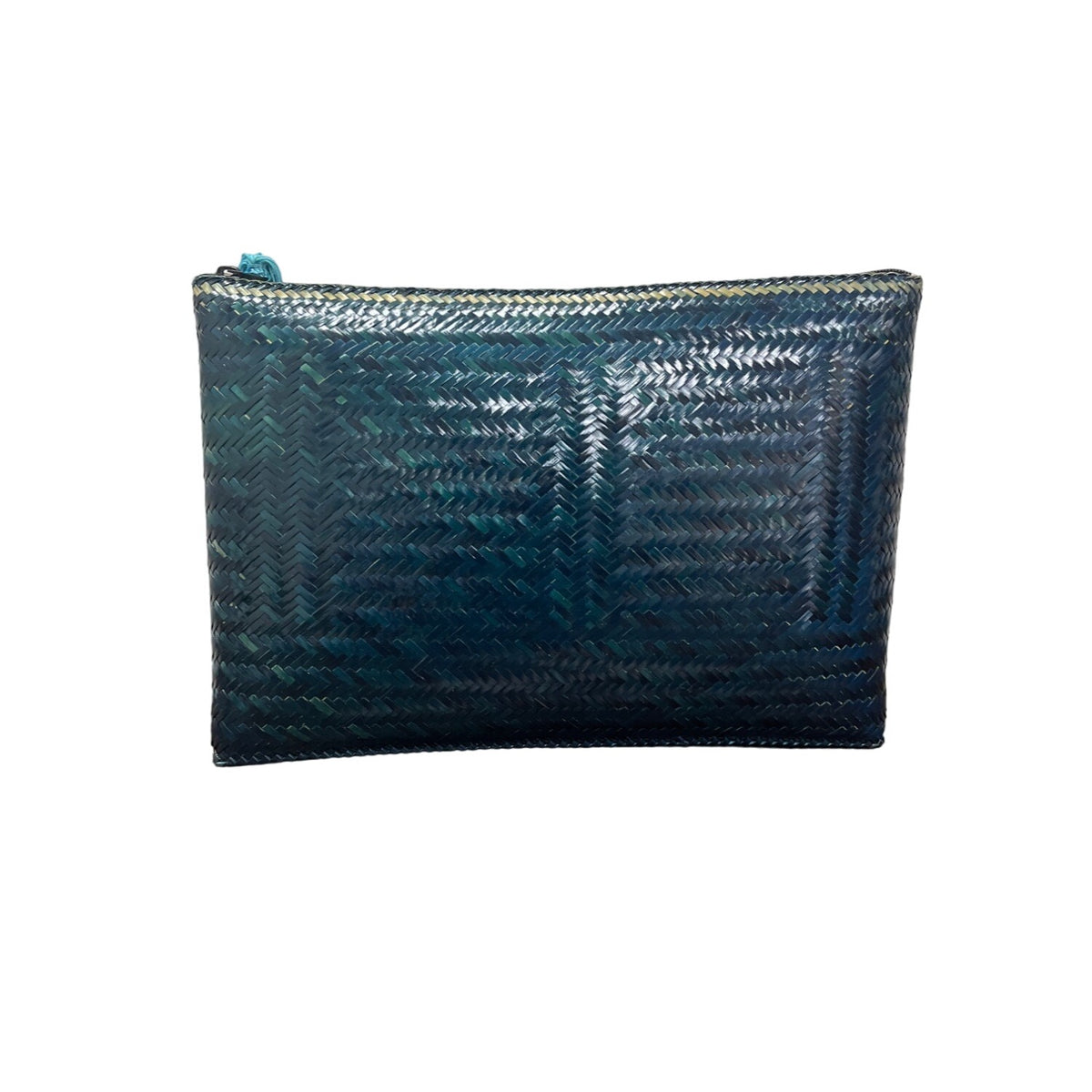 Woven Palm Leaf Blue-Green Clutch With Shell Accent & Tassel Boho Chic Handbag